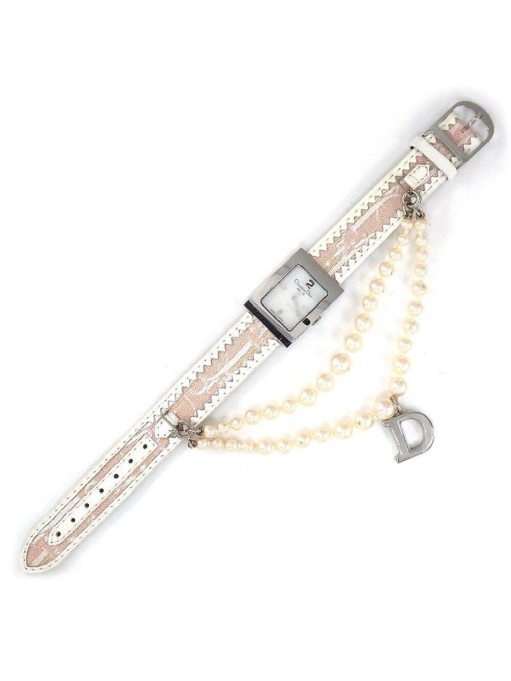 Dior Christian Watch Maris Square White Shell Dial Pearl Chain D Logo - Picture 3 of 10
